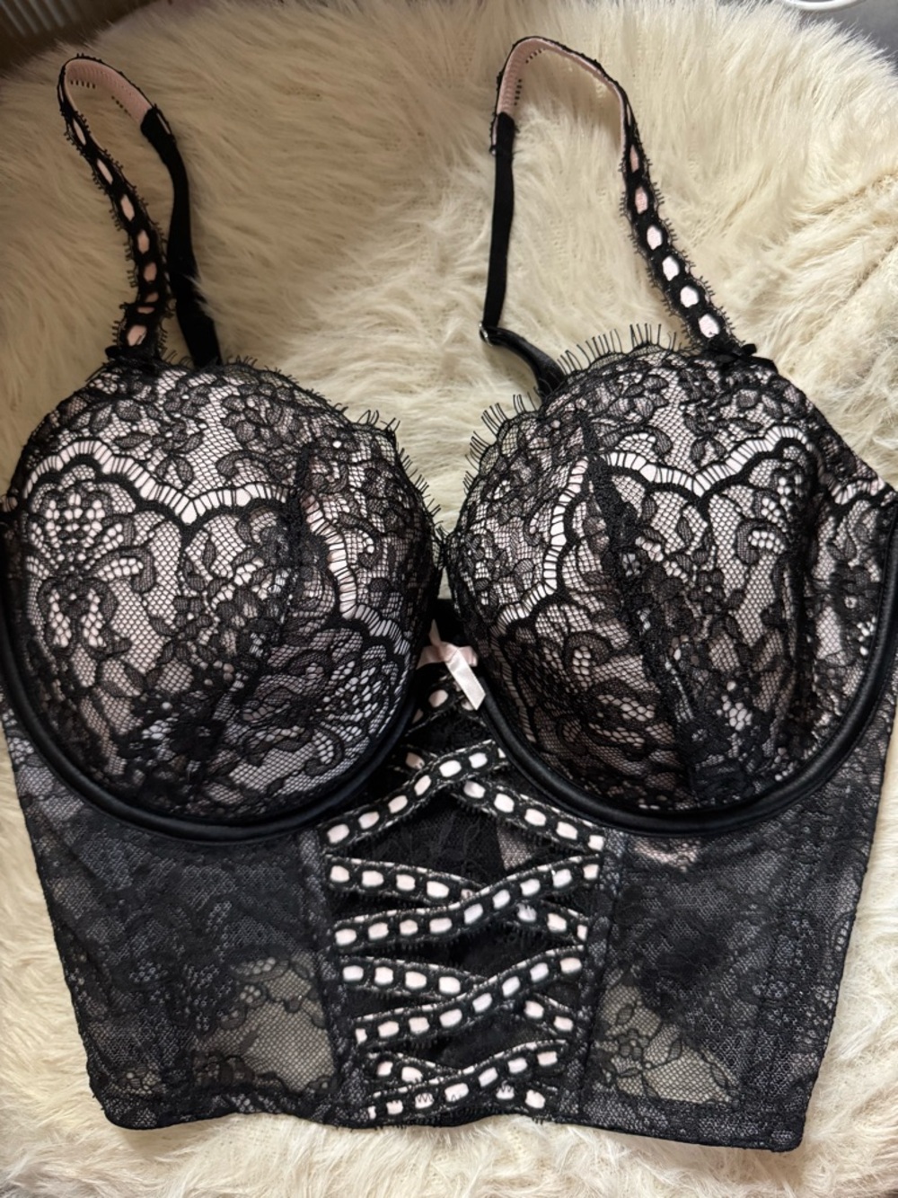 Victoria's Secret Black Lace Longline Bra with Pink Straps